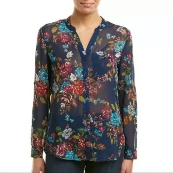 KUT FROM THE KLOTH Navy floral sheer long sleeve top‎ size XL. - Picture 1 of 13
